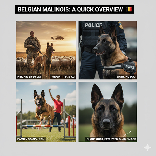 Infographic tổng quan giống chó Béc Bỉ Malinois: chiều cao, cân nặng, chó làm việc, chó đồng hành gia đình và ngoại hình đặc trưng