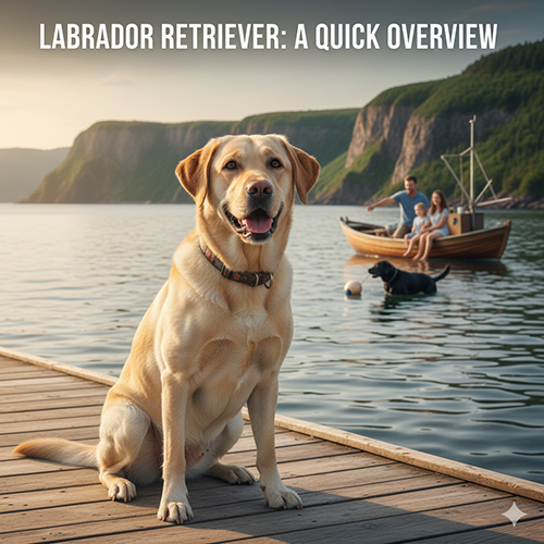 Ảnh tổng quan giống chó Labrador Retriever đứng trên cầu gỗ cạnh hồ cùng gia đình