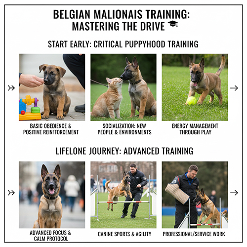 Infographic tổng quan huấn luyện chó Béc Bỉ Malinois từ giai đoạn puppy tới nghiệp vụ