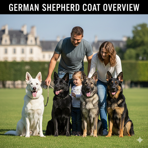 Gia đình đứng cùng bốn chú chó Becgie mang các màu lông phổ biến như trắng, đen, xám sable và đen vàng.