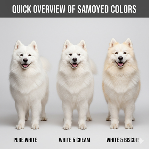 Tổng quan các màu lông chó Samoyed gồm trắng tinh, trắng kem và trắng biscuit