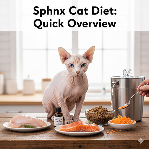 Mèo Sphynx bên các loại thực phẩm giàu đạm như gà, cá hồi và hạt, phù hợp bài tổng quan “mèo Sphynx ăn gì”.