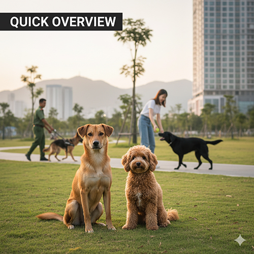 Tổng quan nhanh về các nhóm chó ở Việt Nam – chó ta, chó lai và chó cảnh nhập ngoại cùng chủ dắt đi dạo trong công viên