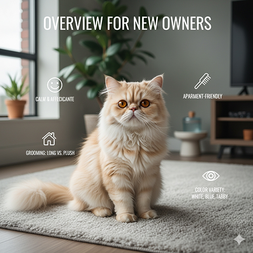 Mèo Ba Tư lông vàng kem ngồi trong căn hộ, kèm các icon mô tả tính cách điềm đạm, hợp căn hộ và đa dạng màu lông