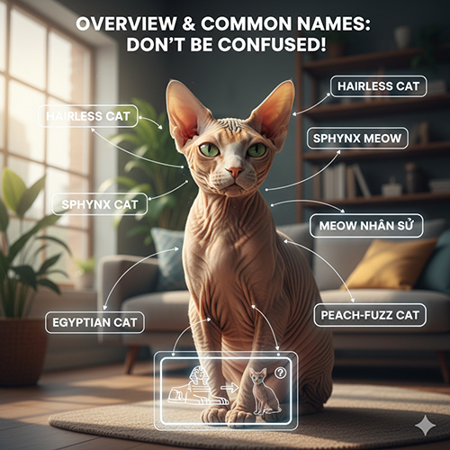 Mèo Không lông Sphynx với các tên gọi phổ biến như mèo nhân sư, hairless cat, sphynx meow, minh họa phần tổng quan tên gọi