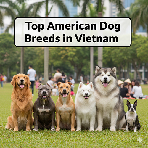 Top các giống chó Mỹ phổ biến tại Việt Nam – hình ảnh nhóm chó Mỹ như Golden Retriever, Pitbull, Bully, Alaskan Malamute, Boston Terrier và American Eskimo ngồi hàng ngang trong công viên.
