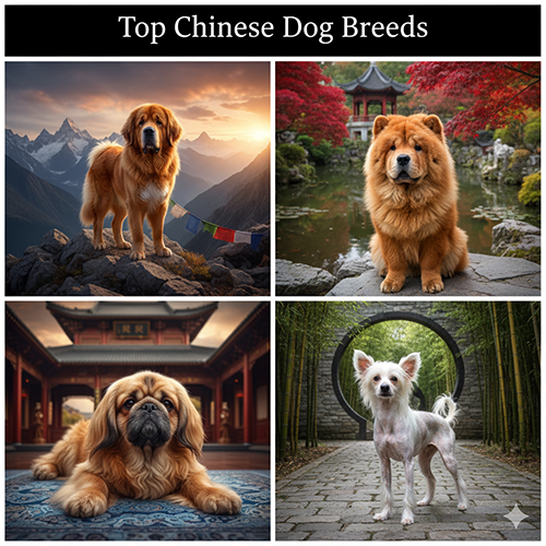 Tổng hợp các giống chó Trung Quốc nổi bật gồm Tibetan Mastiff, Chow Chow, Pekingese và Chinese Crested trong khung cảnh mang đậm văn hóa Á Đông