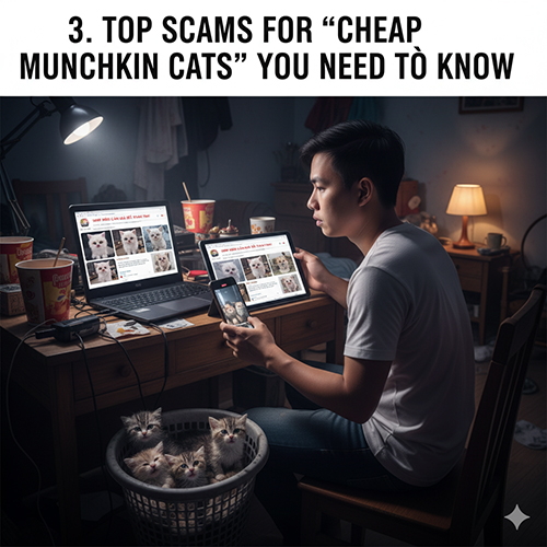Chàng trai ngồi trước bàn với nhiều thiết bị hiển thị tin rao “mèo Munchkin giá rẻ”, cạnh là lồng mèo con; minh họa các chiêu lừa phổ biến khi mua mèo chân ngắn giá rẻ.