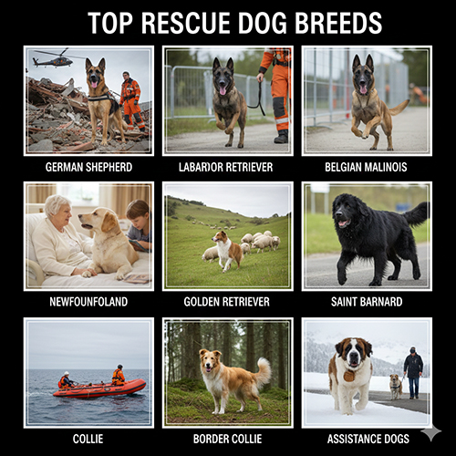 Hình minh họa top những giống chó cứu hộ nổi tiếng nhất thế giới: German Shepherd, Malinois, Labrador, Golden, Saint Bernard, Newfoundland, Collie và Border Collie