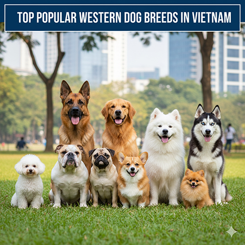 Top các giống chó Tây phổ biến tại Việt Nam – Hình ảnh nhóm chó nổi tiếng như Golden Retriever, Husky, Samoyed, Corgi, Bulldog, Poodle, Pug và Phốc Sóc cùng ngồi trên bãi cỏ công viên.