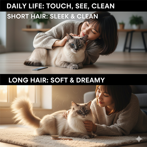 Cô gái chơi đùa cùng mèo Xiêm lông ngắn và lông dài trong không gian sáng ấm, thể hiện sự khác biệt về cảm giác chạm và chăm sóc giữa hai loại lông