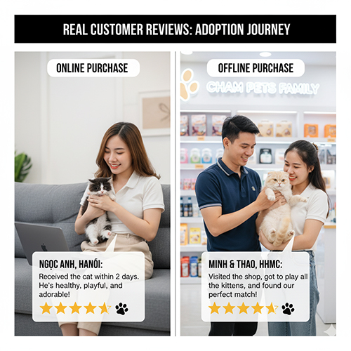 Ảnh so sánh review thật của khách mua mèo Munchkin: bên trái mua online ôm mèo con, bên phải đến cửa hàng Cham Pets Family bồng mèo; kèm nhận xét và xếp hạng sao.