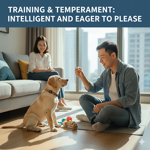 Ảnh huấn luyện chó Labrador con trong phòng khách cùng gia đình