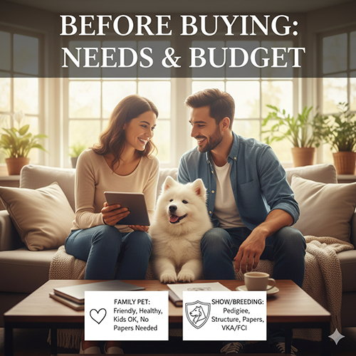 Trước khi mua chó Samoyed cần xác định nhu cầu, ngân sách và điều kiện nuôi phù hợp