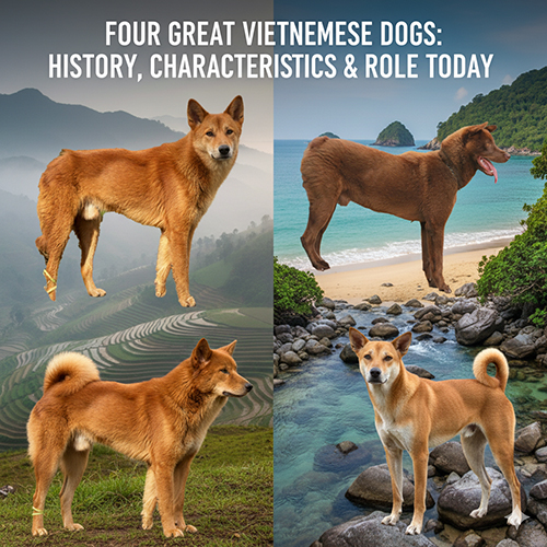 Tứ đại quốc khuyển Việt Nam gồm chó Phú Quốc, chó Bắc Hà, chó H'Mông Cộc và chó Lài – biểu tượng trung thành và sức mạnh bản địa Việt Nam 🇻🇳🐕