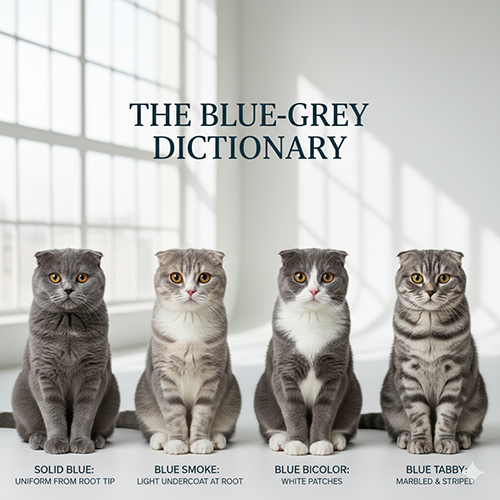 bốn mèo scottish fold màu xám minh họa solid blue blue smoke blue bicolor và blue tabby để phân biệt nhanh