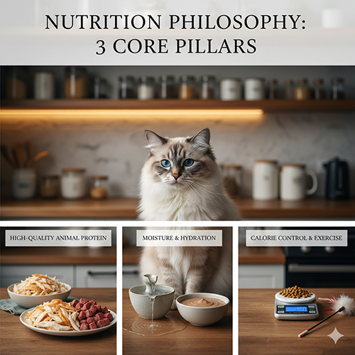 Tư duy dinh dưỡng cho mèo Ragdoll với 3 trụ cột: đạm động vật chất lượng cao, bổ sung độ ẩm và kiểm soát calo