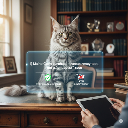 Ảnh minh họa mèo Maine Coon trên bàn, kèm thông điệp mua mèo Maine Coon cần minh bạch thay vì chạy theo giá rẻ.