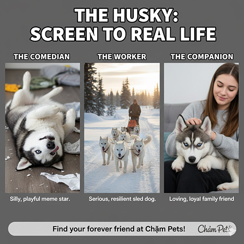 So sánh hình chó Husky ngáo trên mạng và Husky ngoài đời làm chó kéo xe, chó gia đình