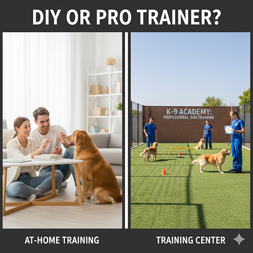 So sánh tự huấn luyện chó Golden tại nhà với việc gửi tới trung tâm huấn luyện chuyên nghiệp.