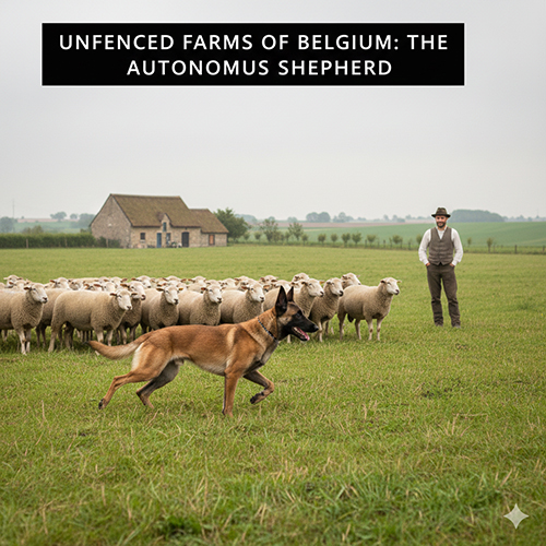 Chó Béc Bỉ Malinois chăn đàn cừu trên trang trại không hàng rào ở Bỉ cùng người nông dân