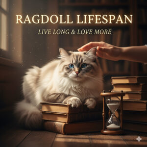 Mèo Ragdoll trưởng thành nằm trên chồng sách, ánh sáng ấm, biểu tượng đồng hồ cát tượng trưng cho tuổi thọ.