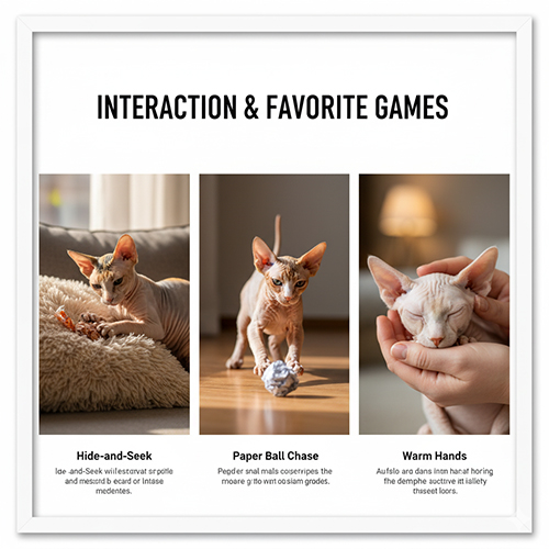 Ba hình mèo Sphynx chơi trốn tìm, đuổi bóng giấy và nằm trong tay ấm của chủ