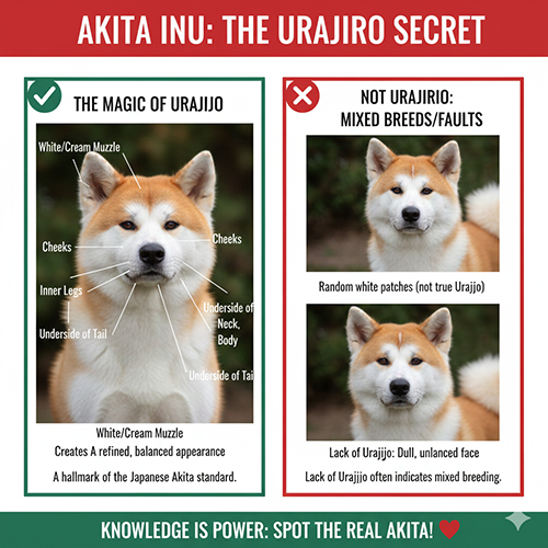 So sánh vùng urajiro đúng chuẩn trên Akita Inu với các mảng trắng sai chuẩn thường gặp ở chó lai