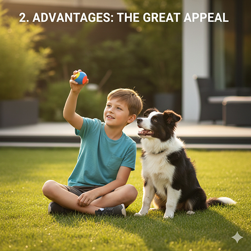 Border Collie ngồi cạnh bé trai đang chơi bóng trong sân vườn