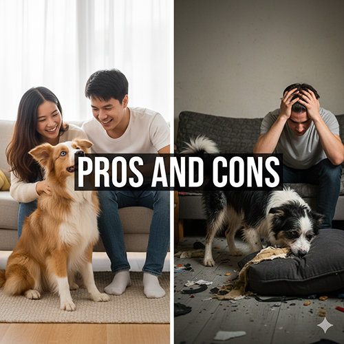 Ảnh so sánh ưu và nhược điểm khi nuôi chó Border Collie lai: một bên là bé ngoan ngoãn bên chủ, bên còn lại là bé phá đồ trong nhà.