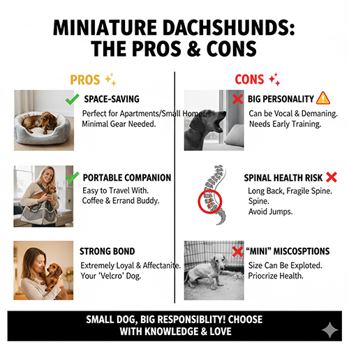 Infographic tóm tắt ưu nhược điểm khi nuôi chó Lạp xưởng mini trong gia đình hiện đại