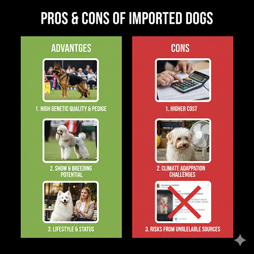 Ưu và nhược điểm của chó nhập khẩu – bảng so sánh giữa lợi ích như gene cao cấp, tiềm năng nhân giống, phong cách sống và hạn chế như chi phí cao, khó thích nghi khí hậu