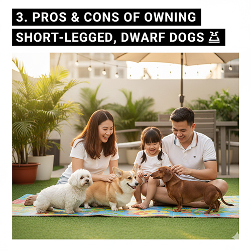 Gia đình chơi với các giống chó chân ngắn ngoài sân – minh họa ưu và nhược điểm khi nuôi chó chân ngắn, chó lùn