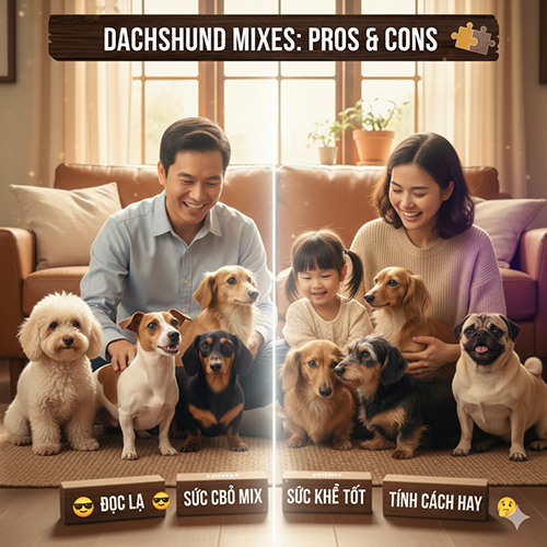 Hình so sánh ưu và nhược điểm của các dòng chó Lạp xưởng lai qua hình ảnh gia đình và đàn chó nhiều dòng mix