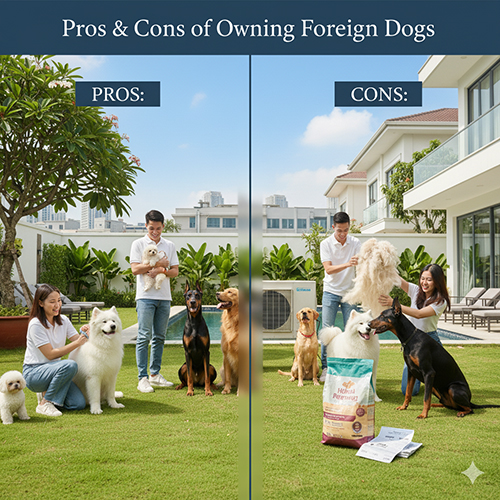 Hai cặp đôi bên đàn chó ngoại trong sân vườn, khung hình chia đôi thể hiện ưu điểm và nhược điểm khi nuôi chó ngoại.