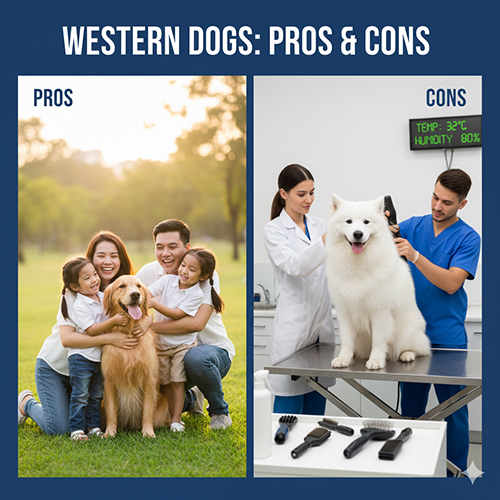 Ưu và nhược điểm khi nuôi chó Tây – So sánh hình ảnh gia đình vui đùa với chó Golden Retriever và bác sĩ thú y chăm sóc chó Samoyed trong phòng khám.