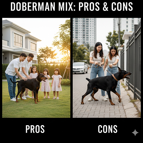 Hai khung cảnh đối lập: Doberman lai thân thiện với gia đình và Doberman lai năng lượng cao khó kiểm soát – minh họa ưu và nhược điểm.