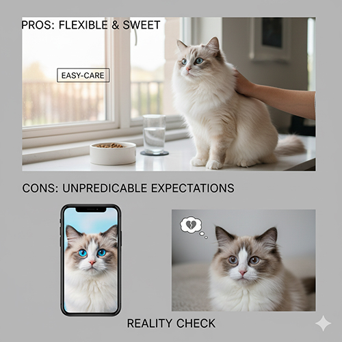 Ảnh minh họa ưu và nhược điểm mèo Ragdoll lai gồm cảnh mèo hiền ngồi cạnh cửa sổ và hình so sánh kỳ vọng–thực tế
