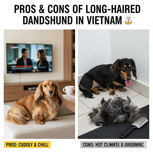 Hai bé Dachshund lông dài thể hiện ưu điểm thư giãn và nhược điểm rụng lông, cần grooming