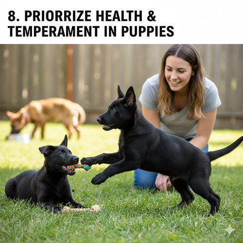 Hai chó con Malinois đen 2–3 tháng tuổi chơi đùa trên bãi cỏ cùng một cô gái