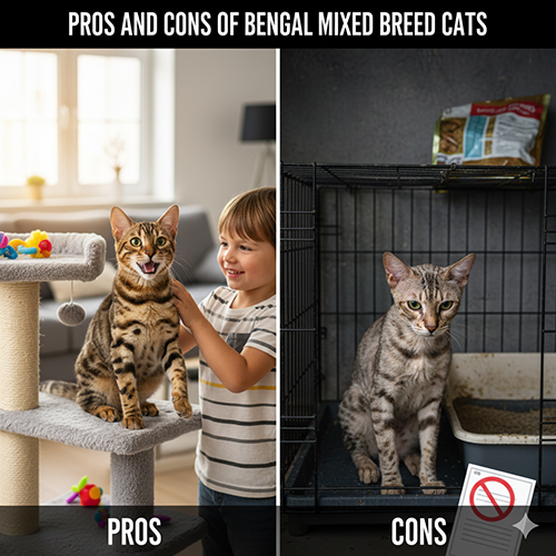 Hai hình ảnh đối lập: mèo Bengal lai vui vẻ chơi cùng trẻ nhỏ và mèo Bengal lai buồn trong lồng, thể hiện ưu và nhược điểm của giống lai.