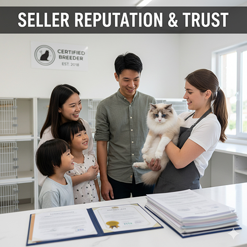 Gia đình gặp nhà nhân giống uy tín và xem mèo Ragdoll trực tiếp, minh họa yếu tố uy tín nơi bán