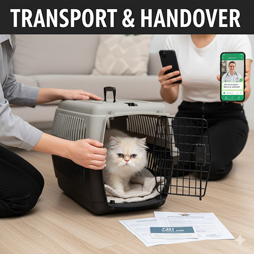 Mèo Ba Tư trong hộp vận chuyển cứng, kèm hợp đồng và sổ tiêm, minh họa bước bàn giao và kích hoạt bảo hành.