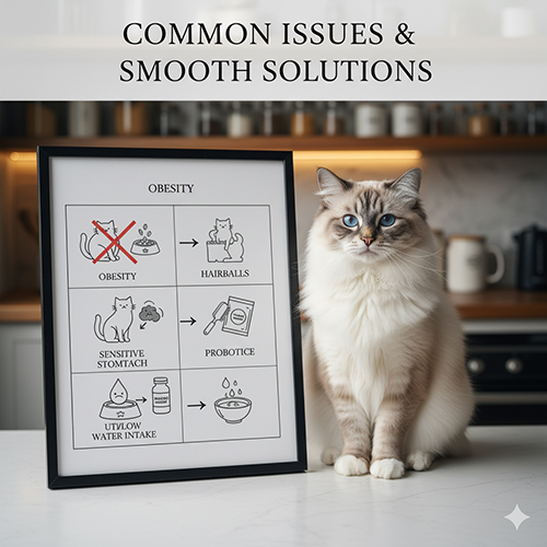 Các vấn đề dinh dưỡng thường gặp ở mèo Ragdoll và cách xử lý như béo phì, búi lông, tiêu hóa nhạy và UTI