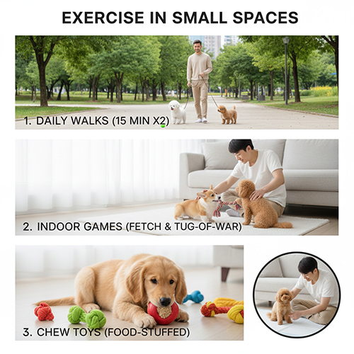 Các hình thức vận động cho chó cảnh trong không gian nhỏ như đi dạo chơi trong nhà và đồ chơi gặm