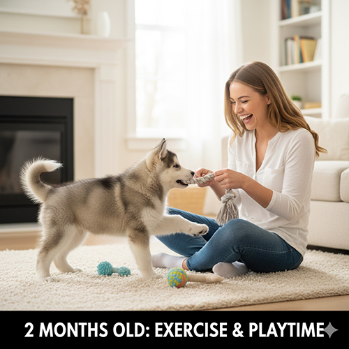 Chó Alaska 2 tháng tuổi chơi đùa nhẹ nhàng trong nhà cùng chủ, giai đoạn làm quen vận động