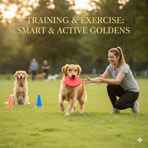 Chó Golden chơi ném đĩa ngoài công viên cùng chủ – minh họa vận động và huấn luyện Golden Retriever