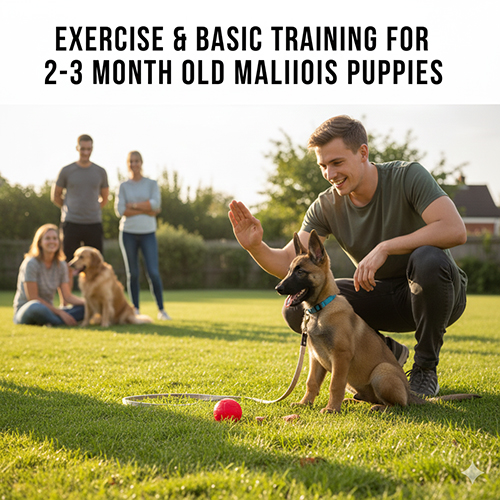 Người huấn luyện đang dạy chó Becgie Bỉ con 2–3 tháng ngồi ngoan trên bãi cỏ, xung quanh có quả bóng đồ chơi và vài người quan sát.