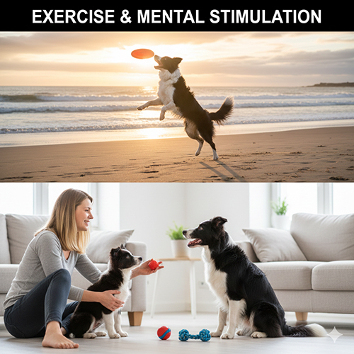 chó border collie vận động ngoài trời và chơi trò trí tuệ trong nhà minh họa nhu cầu vận động và kích thích tinh thần