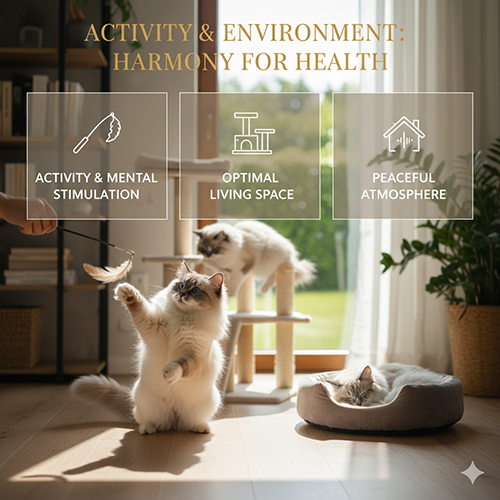 Ba mèo Ragdoll chơi cần câu, nằm nghỉ và leo cây mèo trong không gian sáng, minh họa vận động và môi trường sống.